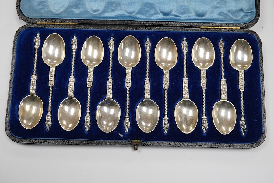 A cased set of twelve late Victorian silver coffee spoons, by Goldsmiths & Silversmiths Co Ltd, London, 1890 and three other later cased silver sets including six bean end coffee spoons, eight coffee spoons and twelve pa